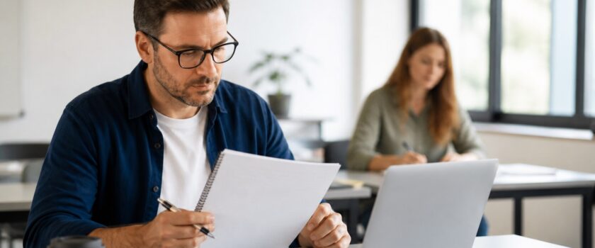 Účastník rekvalifikace studuje materiály v moderní učebně